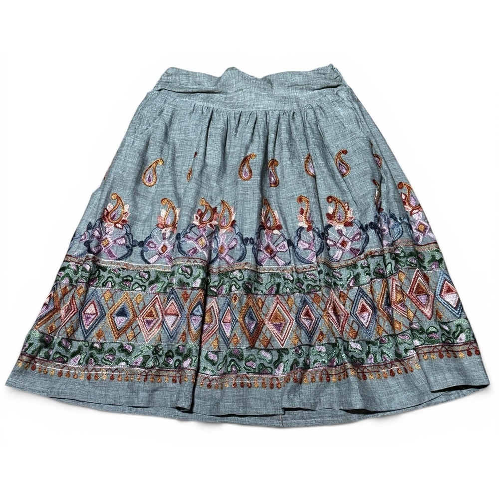 Democracy Embroidered Boho Midi Skirt Tan Women's Size S Elastic Waist